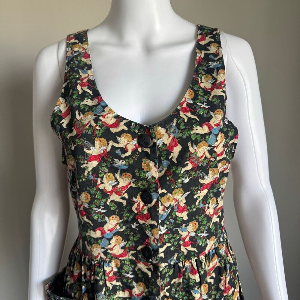 Vintage Cherub All Over Print Statement Cottage Core Dress With  Pockets Cotton - Picture 3 of 10